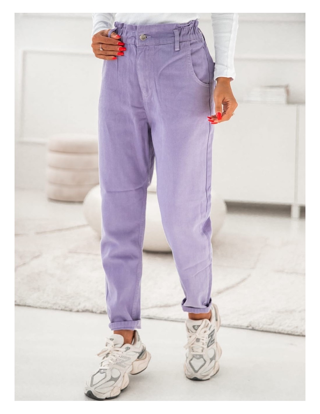 Pantaloni din denim cu talie elastica, liliac 202001 - Magazin online - Boutique